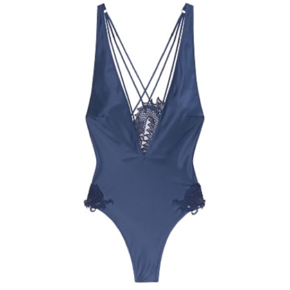 Victoria's Secret Navy Blue Satin Lace-Trim Bodysuit